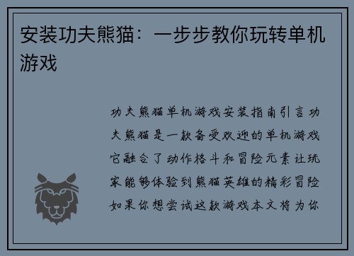 安装功夫熊猫：一步步教你玩转单机游戏